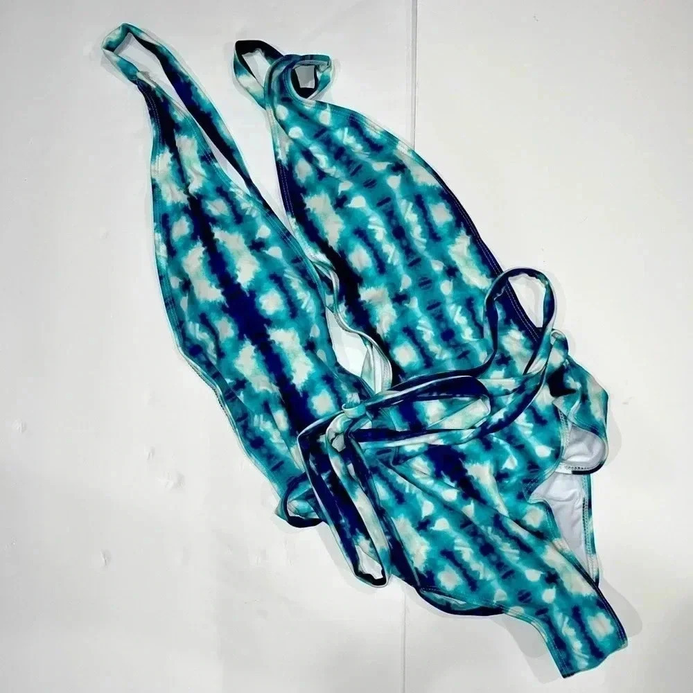 Sexy plunge neck 1 piece swimsuit with shoulder to waist wrap around ties